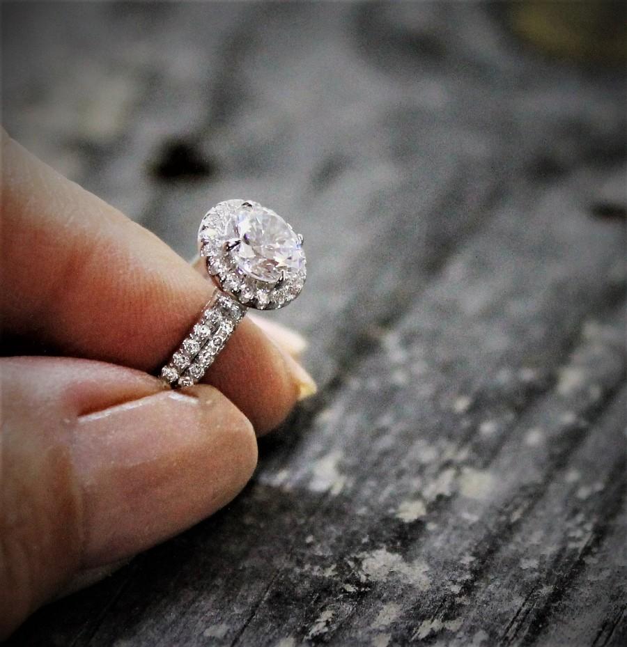 زفاف - Wedding Ring Set, Sterling Silver, Rhodium plated, Halo Round cut pave band 1.12 ct simulated diamond MARIE