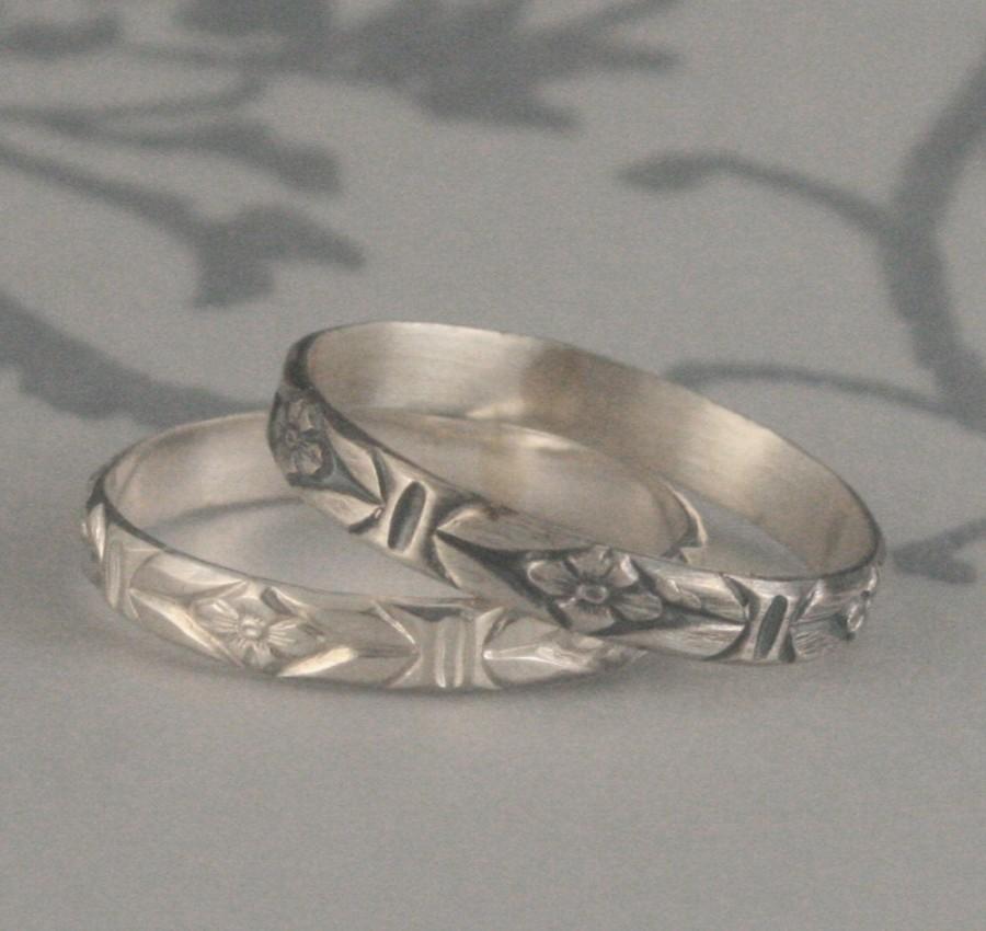 زفاف - Antique Style Ring Romance in the Garden Sterling Silver Wedding Band Stacking Ring Patterned Silver Ring Flower Band Vintage Style Ring