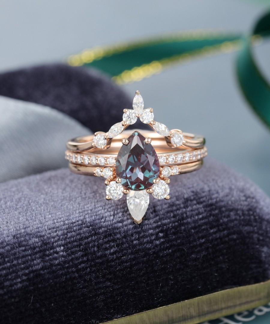 Wedding - pear shaped engagement ring set vintage alexandrite Moonstone curved wedding ring rose gold Unique Bridal Moissanite Marquise cut women Gift
