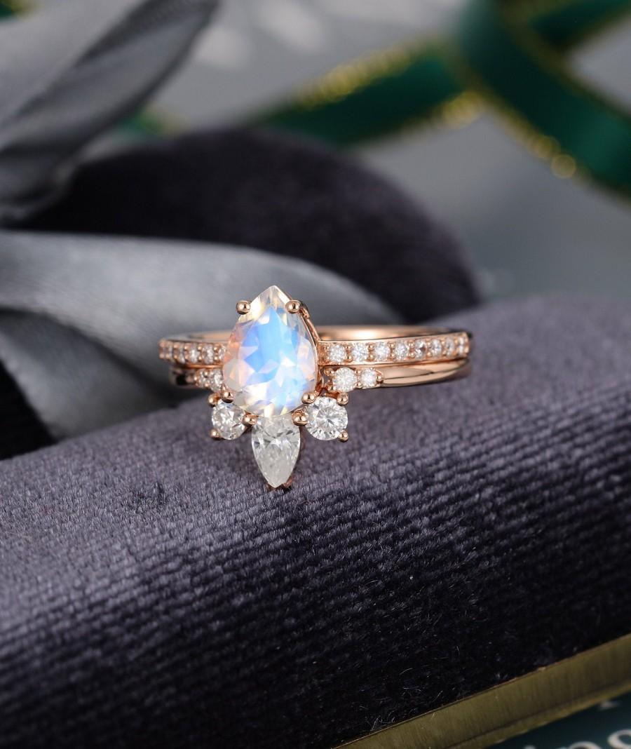 Wedding - Moonstone engagement ring set vintage engagement ring Rose Gold pear shape cut Moissanite wedding women Bridal Anniversary gift for her