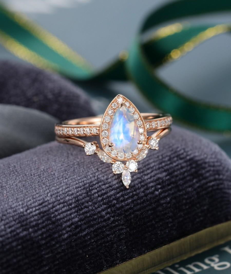 Hochzeit - 2PCS Pear shaped Moonstone engagement ring set Halo Rose Gold Marquise cut Moissanite wedding vintage Half eternity Bridal Anniversary gift