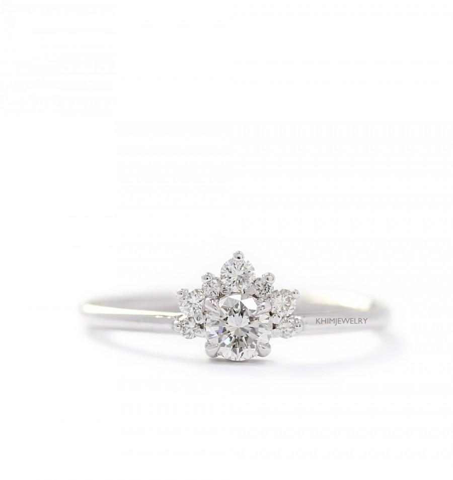 زفاف - Diamond Engagement Ring,White Gold Diamond Ring, Cluster Half Diamond Ring, Diamond Halo Ring,14k Solid Gold Engagement Ring
