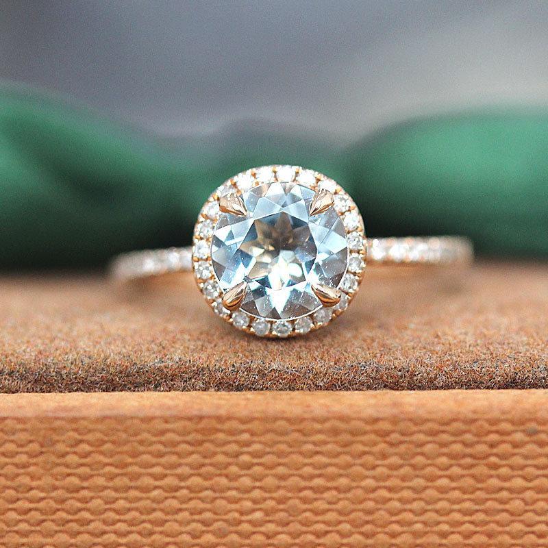 Wedding - 6.5mm Round Cut VS Aquamarine Engagement Ring 14k Rose Gold Ring Half Eternity Diamonds Ring Wedding Ring Birthstone Ring Anniversary Ring