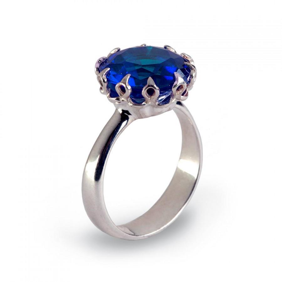 زفاف - CROWN Sapphire Promise Ring for Her, Sapphire Engagement Ring, Large Sapphire Ring, Silver September Birthstone Ring