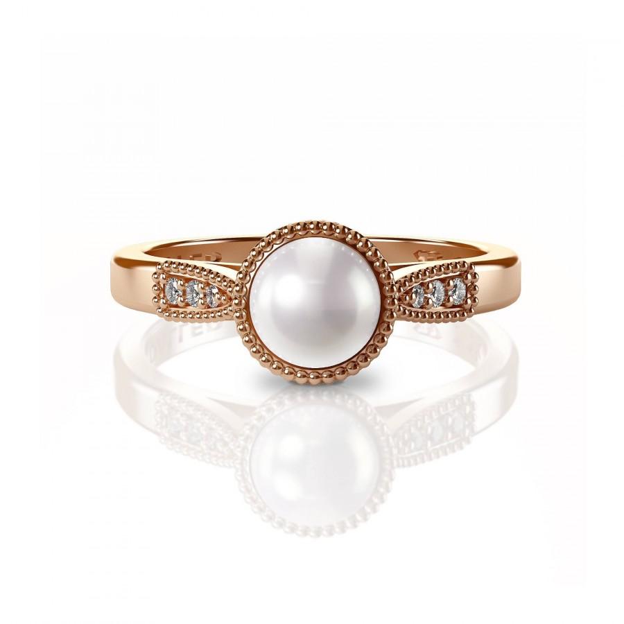 زفاف - Pearl Engagement Ring, pearl engagement ring rose gold, Pearl Wedding Ring, pearl and diamond ring, Pearl Ring, Vintage Style, gift for her