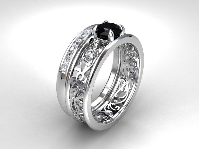 Wedding - Black diamond engagement set, filigree ring, diamond wedding band, black diamond ring, gothic, trinity, wedding set, black engagement