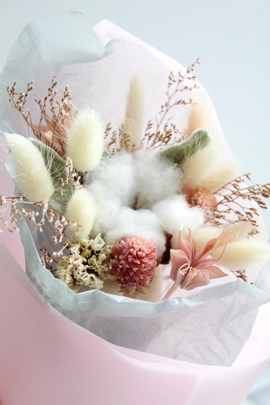 Wedding - Small bride or bridesmaid wedding bouquet of dried flowers in green and pink colours
