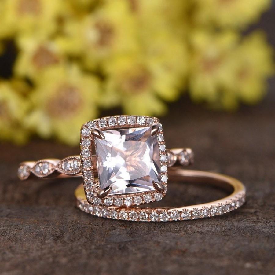 Hochzeit - VS Pink Morganite engagement ring set Marquise diamond wedding band bridal ring set 2pcs 14k rose gold 7mm princess cut morganite ring