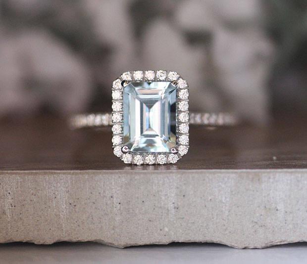 Wedding - Emerald Cut Natural Aquamarine 8x6mm White Gold Engagement Ring, Diamond Halo and Half Eternity Aquamarine Bridal Ring in 14k White Gold