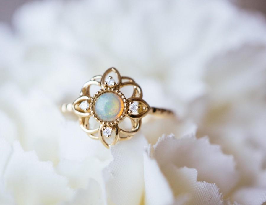 Свадьба - 14K 18K Gold Fire Opal Flower Ring Art Deco Diamond Engagement Promise Ring Rose White Gold Platinum wedding Anniversary Ring gift