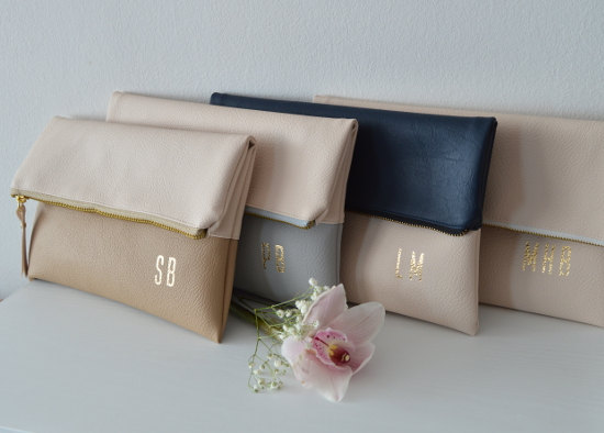 Wedding - Set of 4 Personalized Foldover Clutches / Bridesmaid Gift / Monogrammed Bridal Clutch Purses