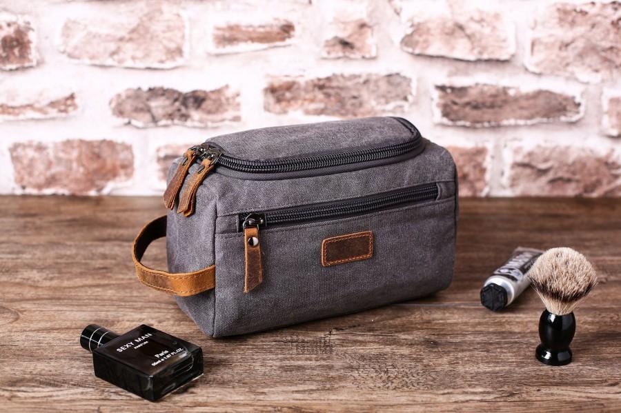 Hochzeit - Personalized Toiletry Bag In Genuine Brown Leather And Gray Canvas With Flip Top Open,Groo msmen Gift,Groomsman,Best Man,Usher,Wedding Gift