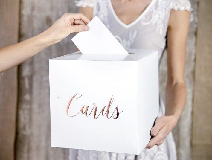 Hochzeit - Rose Gold Wedding Reception Card Box/  White Wedding /Rose Gold Text / Wedding Cards / Guest Presents/ Envelope /Wedding Gift /Decorations