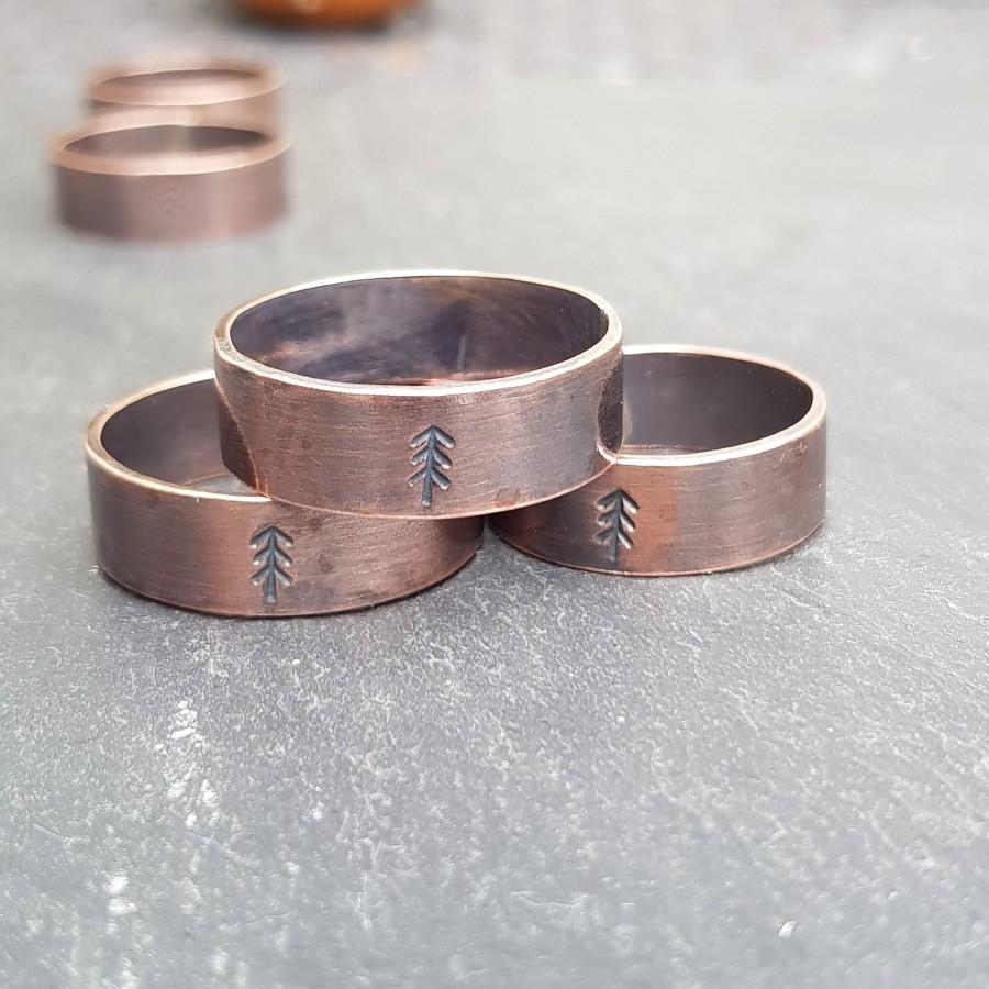 Wedding - Mens Copper Ring Band, Handmade Oxidised Copper Fir Tree Ring, Rustic Gift For Him, Copper Anniversary Gift for Men, Mens Rings, UK