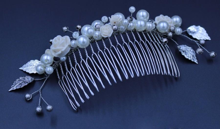 زفاف - Lovely Pearl Flower Silver Bead Bridal Wedding Hair Comb, Champagne Pearl Flower Silver Leaf Hairpiece, Classic Wedding Bridal Hair Comb