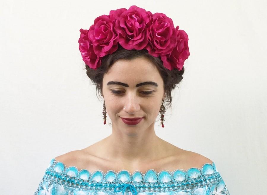 Mariage - Pink Rose Flower Crown, Headband, Mexican Headpiece, Pink Rose Crown, Fuchsia Pink, Rose Flower Crown, Floral Crown, Frida, Fiesta, Boho