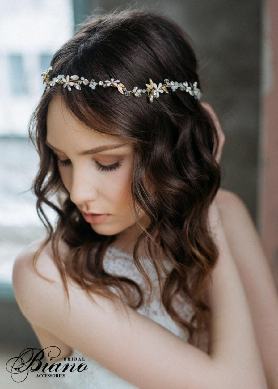 زفاف - Bridal Halo flowers, Wedding Headband forehead, Bridal Hair Vine, Wedding Hairband, Gold Leaves Bridal Headband, Blossom Headband- FOTINI
