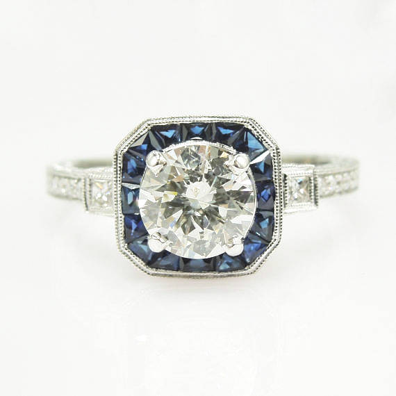 Mariage - Art Deco Style Light Carat Diamond Ring with Sapphire Halo in White Gold
