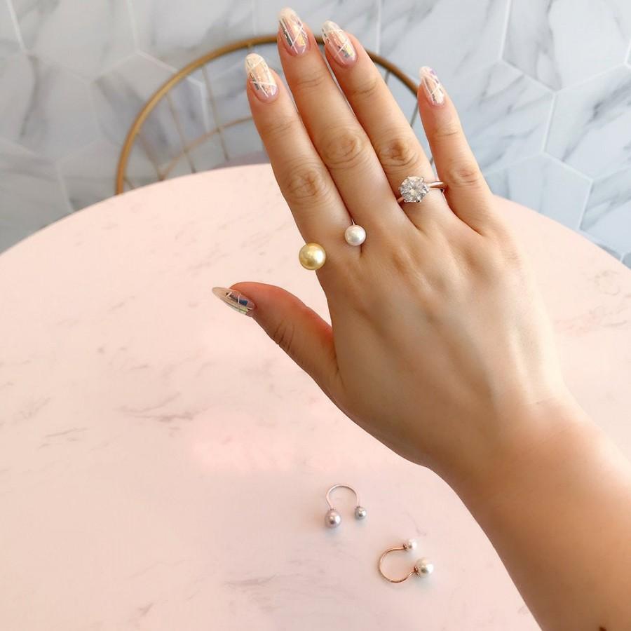 Mariage - 14K Yellow/White/Rose Gold Double Pearl Open Ring Natural Color South Sea Cultured Yellow Pearl Ring  ( Size 4 to 11 )