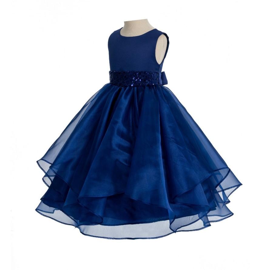 Hochzeit - Navy Blue Organza Flower Girl Dress with Sequin Sash, Ruffle Skirt Dress, Wedding Dress, Junior Bridesmaid Dress, Graduation Dress, Dresses