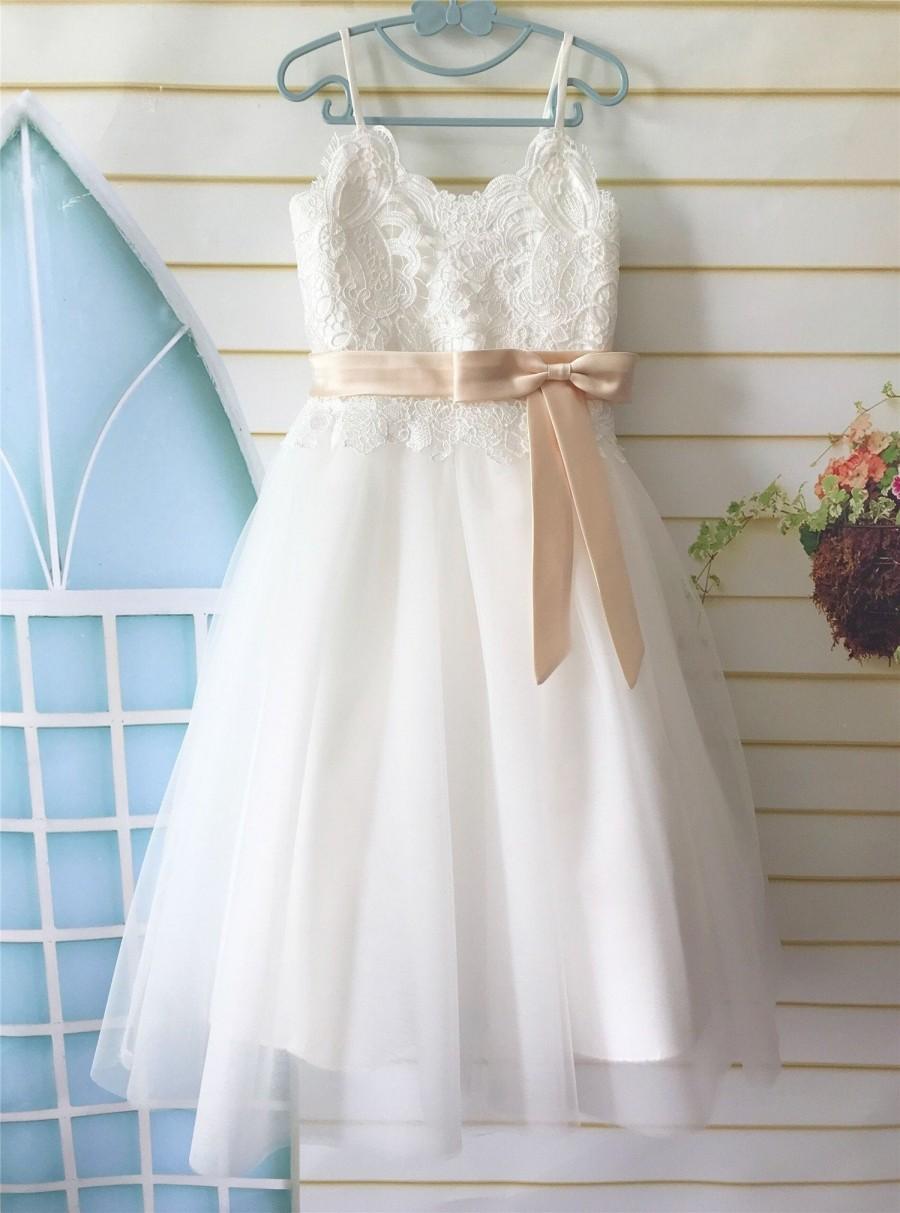 Свадьба - Wedding Light Ivory Flower Girl Dress with Blush Sash, Lace Applicated Tulle Flower Girl Dress Tea Length
