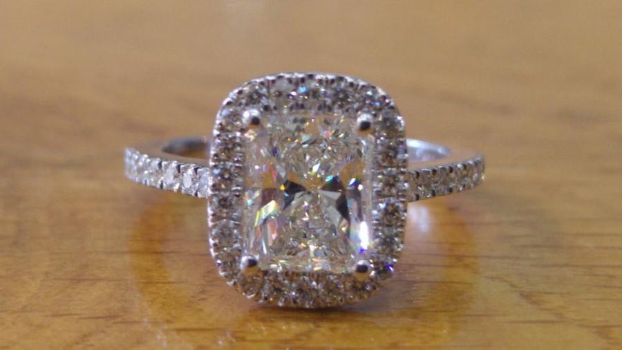 Свадьба - Radiant 1 1/2 Carat Diamond Engagement Ring, Halo Engagement Ring, Radian Cut Art Deco Ring , Micro Pave Radian Diamond Halo