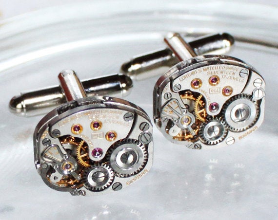 Hochzeit - LONGINES Steampunk Cufflinks - Luxury Swiss Silver Vintage Watch Movement - MATCHING Men Steampunk Cufflinks Cuff Links Men Wedding Gift