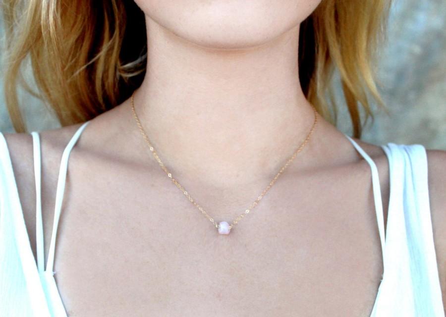 Hochzeit - Dainty Rose Quartz Raw Gem Stone Necklace / 14k Gold Fill Rose Gold Sterling Silver Chain / Minimal Simple Short Layering / Bridesmaid Gift