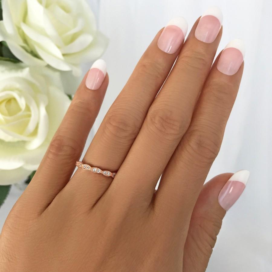 زفاف - Wide Art Deco Wedding Band, Vintage Style Engagement Ring, Half Eternity Ring, Man Made Diamond Simulant, Sterling Silver, Rose Gold Plated
