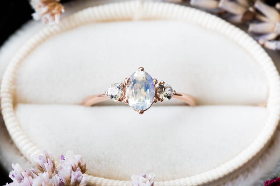 Hochzeit - Moonstone sapphire three stone 14k gold engagement ring, moonstone engagement ring, alternative bridal, moonstone rose gold ring, fantasy