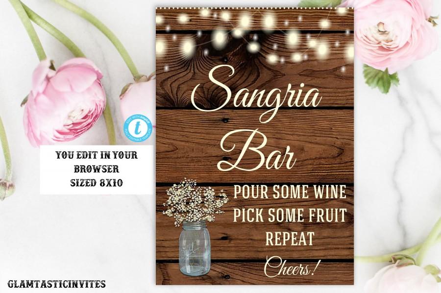 Hochzeit - Sangria Bar Sign Template, Bar Sign, Rustic Wedding Sign, Printable Sign, Editable,Rustic Wedding, Sangria Sign, Template,Rustic Sangria Bar