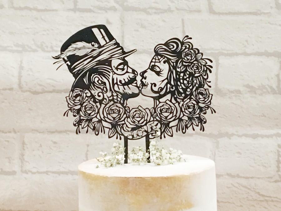 Wedding - Rockabilly Wedding Cake Topper, Sugar Skull Cake Topper, Steampunk Wedding Cake Topper, Gothic Wedding, Victorian Wedding, Day of the Dead