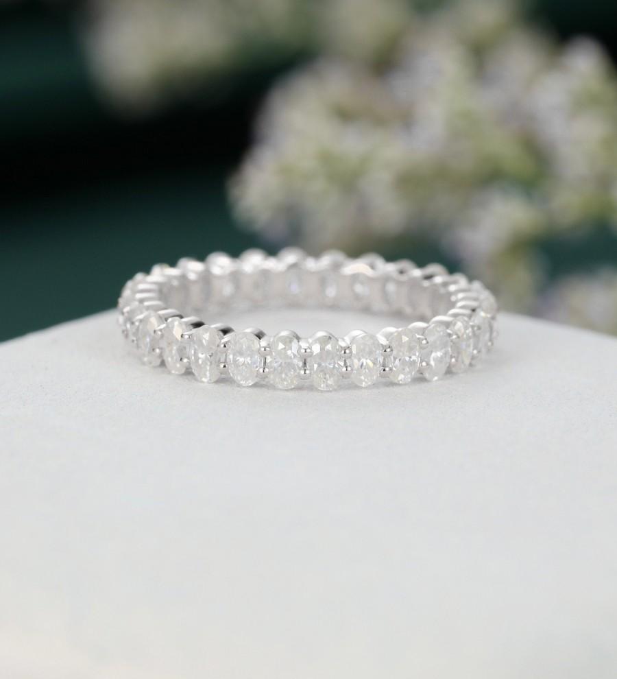 Wedding - Full eternity band Moissanite wedding band vintage white gold Unique oval cut ring for woman matching engraving Promise annitersary gift