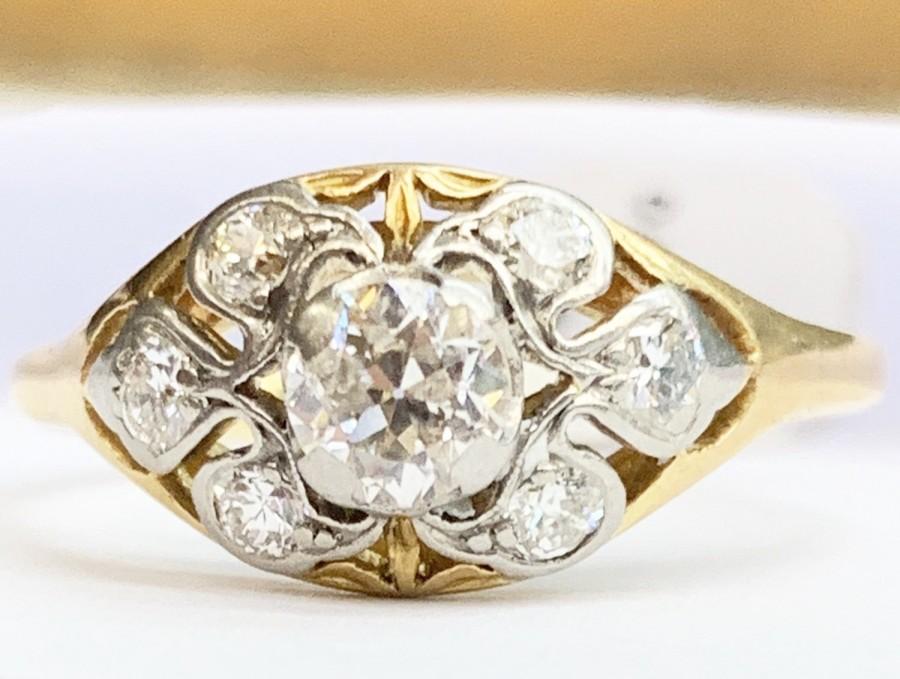 Mariage - French Art Nouveau Ring Old European Cut Diamond Engagement Ring 1800s Platinum 14k Gold Ring Fleur De Lys Ring