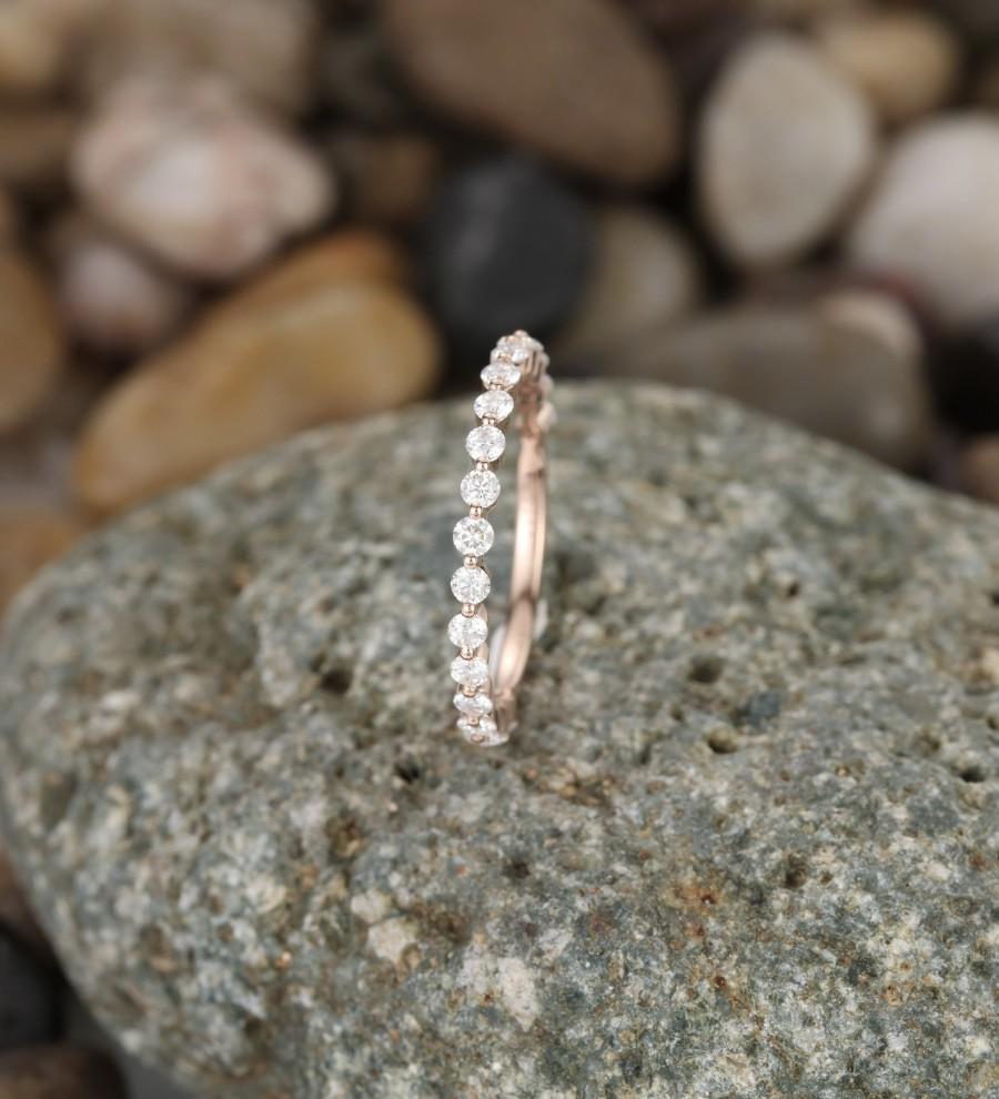 Mariage - Moissanite wedding band, women rose gold wedding band, vintage round cut ring, stacking matching ring, 3/4 eternity band, Gift for her