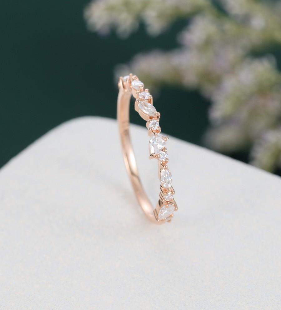 Wedding - Diamond wedding band women vintage rose gold /Moissanite ring pear shaped Marquise cut stacking matching Half eternity Promise Gift for her