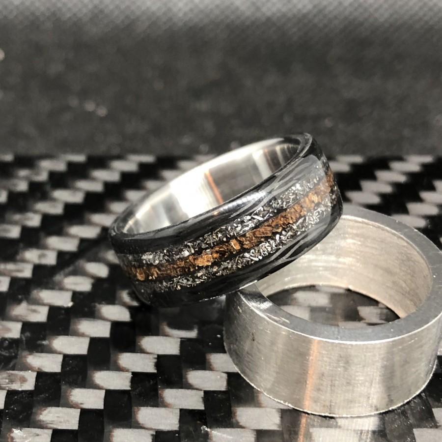Mariage - Dinosaur Meteorite Ring Carbon Fiber And Titanium Triple Channel Resin Triceratops Bone Fossil Orgone Wide 8mm Mens Wedding Band
