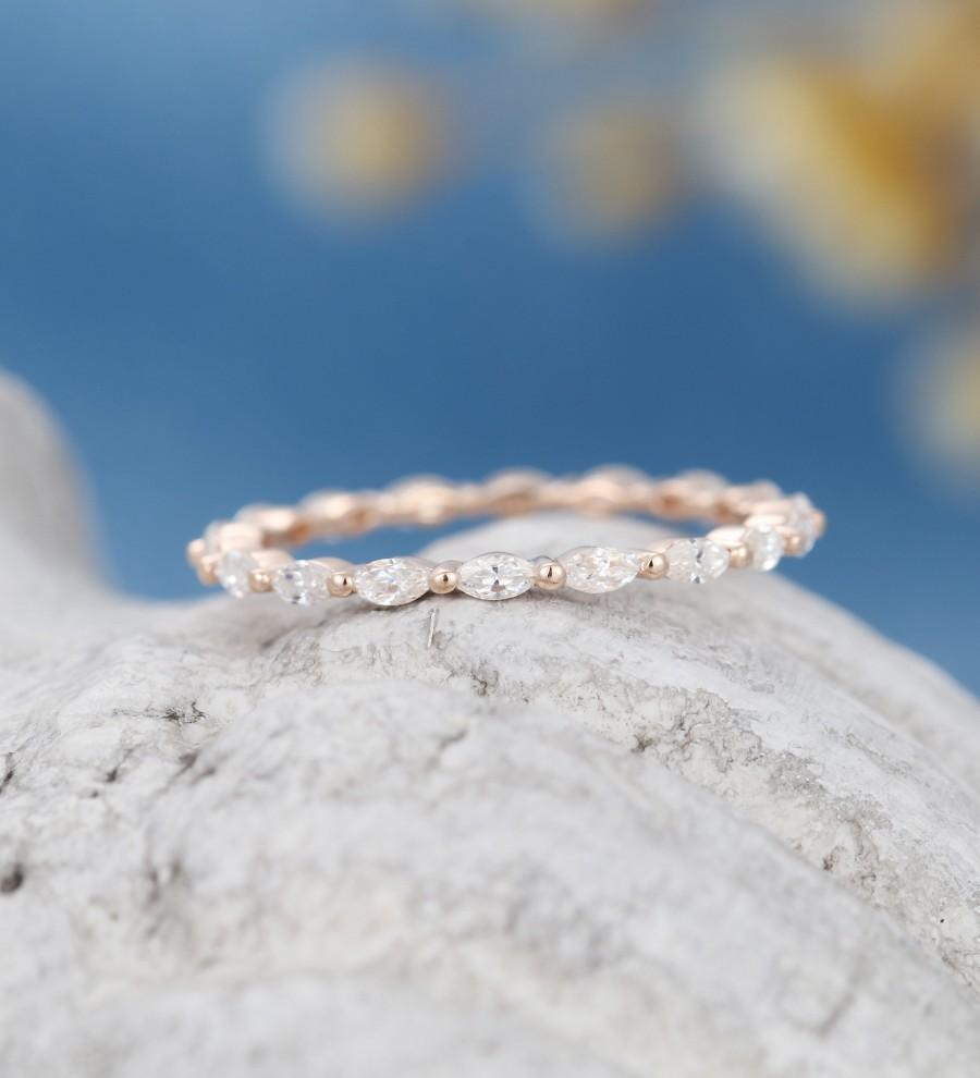 Wedding - Moissanite wedding band women rose gold wedding band vintage marquise cut stacking matching band full eternity band promise Gift for her