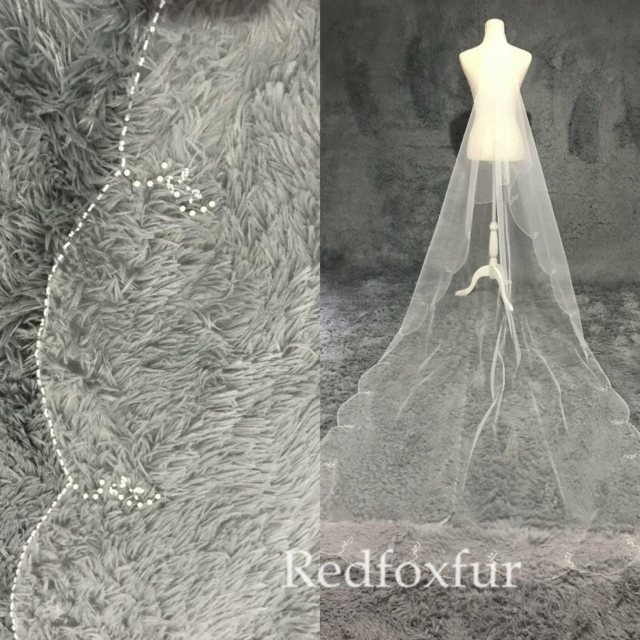 زفاف - Handmade Beaded veil,Cathedral Veil,1 tiers Veil,Long veil,tulle veil,Wedding headdress,Pearl veil,Wedding accessories