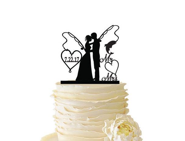 زفاف - Mr. Mrs. with Bride and Groom - Fishing Poles With Date or Initials  - Standard Acrylic - Wedding - Anniversary - Fishing Cake Topper - 106