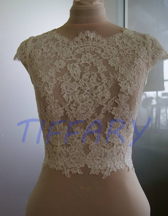 زفاف - Wedding top,bolero jacket of alencon lace, sleeve short , front of a full . Romance bridal bolero AFRODYTA