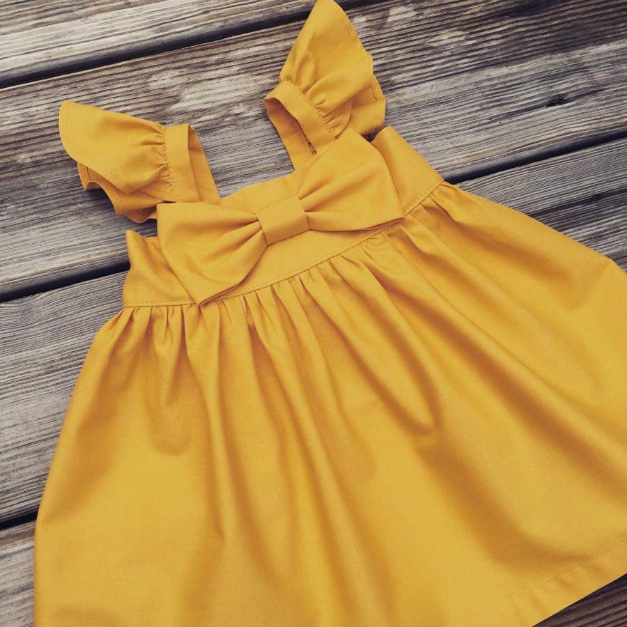 Mariage - Fluffy sleeve mustard fall dress, thanksgiving toddler dress, toddler fall mustard dresses, mustard big bow dress, newborn maxi dress,