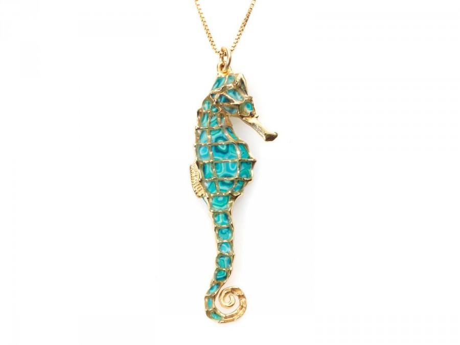 زفاف - Seahorse Necklace, Gold Plated Pendant, Polymer Clay Jewelry, Turquoise Necklace, Unique Gift, Nautical Necklace, Birthday Gift for Her