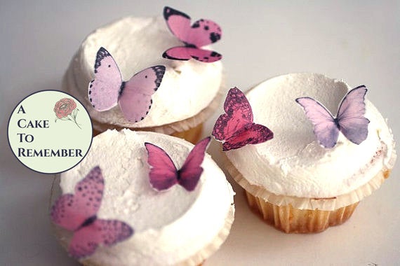 Wedding - Wedding cupcake toppers 24 small shades of pink edible butterflies cupcake decorations set, edible decorations for enchanted forest wedding