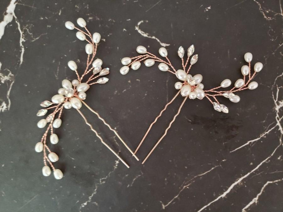 Mariage - Bridal Hair Pins, Pearl Crystal Flower Wedding Hair Pins, Hair Jewelry Hair Vine Wedding Hair Accessory, Rose Gold, Bridal Shower Gift