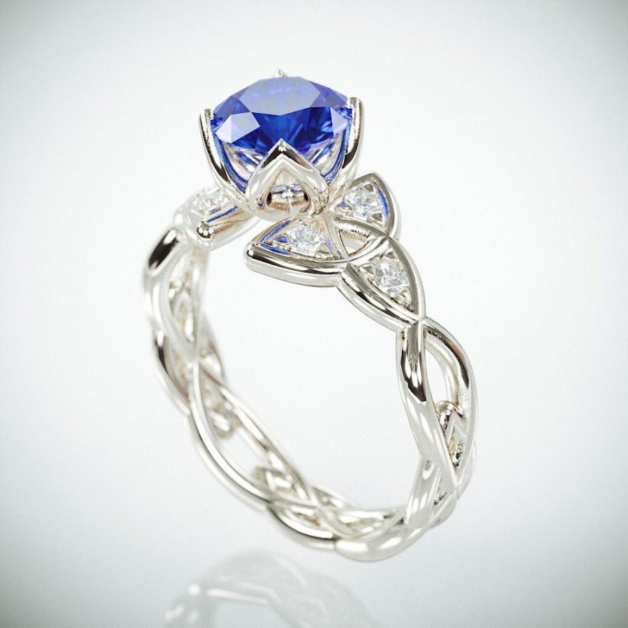 14k White Gold Celtic Trinity Knot Wedding Ring Set With Blue Sapphire