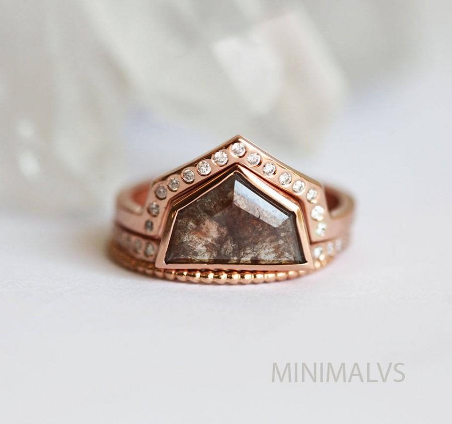 زفاف - Alternative Diamond Engagement Set, Geometric Diamond Ring, Grey Rose Cut Diamond Ring