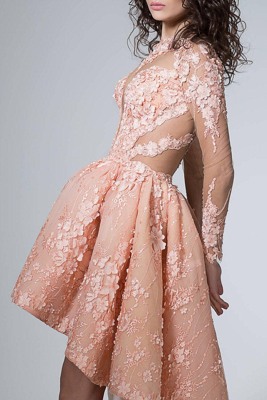 زفاف - Short wedding dress in Peach, Sexy wedding dress with sleeves, Short bridal dress in pink wedding dress with plunge, summer wedding dress
