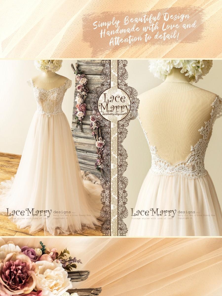 زفاف - Elegant Boho Wedding Dress with Illusion Neckline and Back Featuring Shoulder Sleeves, Hand Beading and Tulle Skirt in Shades of Ivory