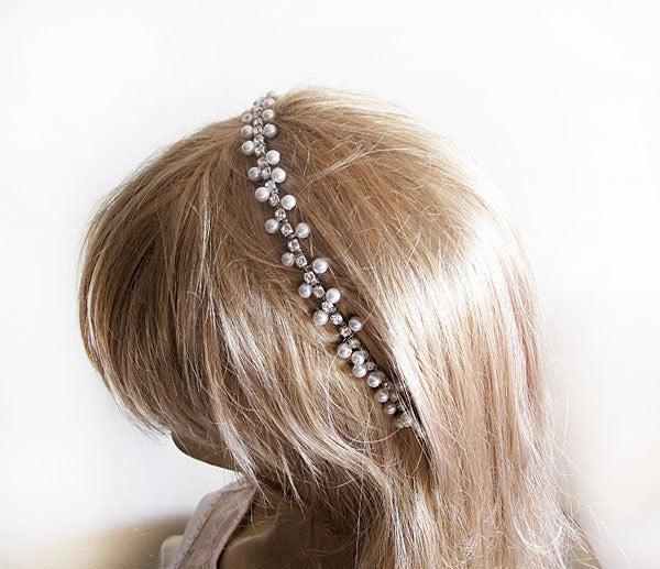 Hochzeit - Wedding Tiara, Bridal Tiara, Pearl Tiara,  Rhinestone Headpiece, Bridesmaid Headband, Flower Girl Headband, Prom Headband